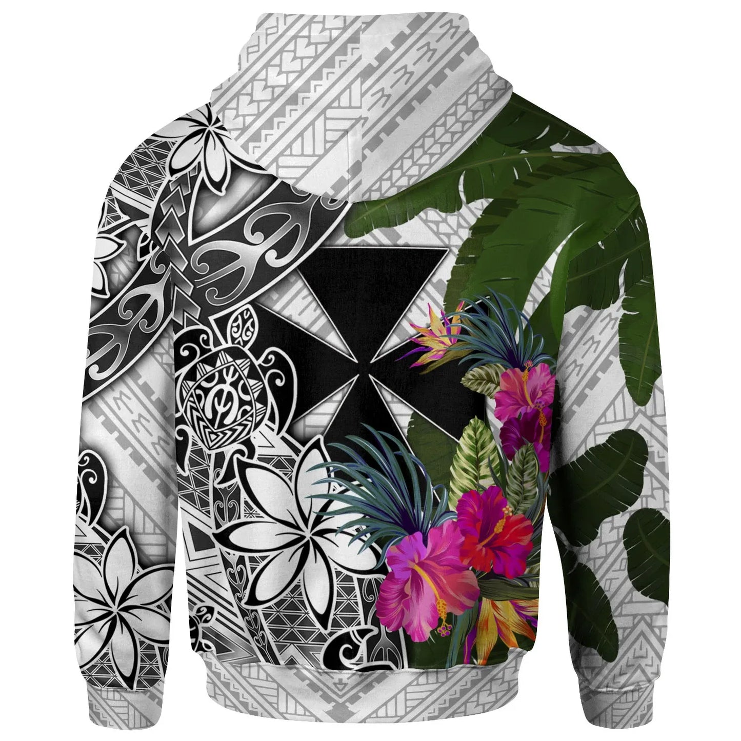 Wallis and Futuna Hoodie White - Turtle Plumeria Banana Leaf