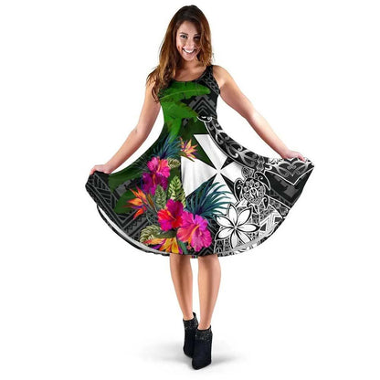 Wallis and Futuna Midi Dress - Turtle Plumeria Banana Leaf