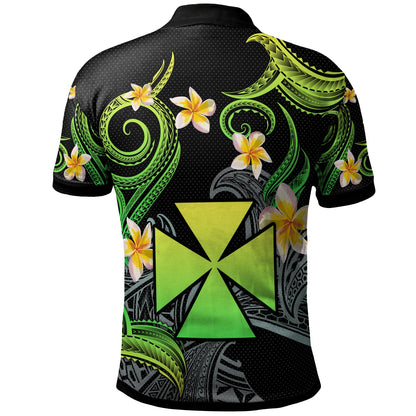 Wallis and Futuna Polo Shirt - Custom Personalised Polynesian Waves with Plumeria Flowers (Green)