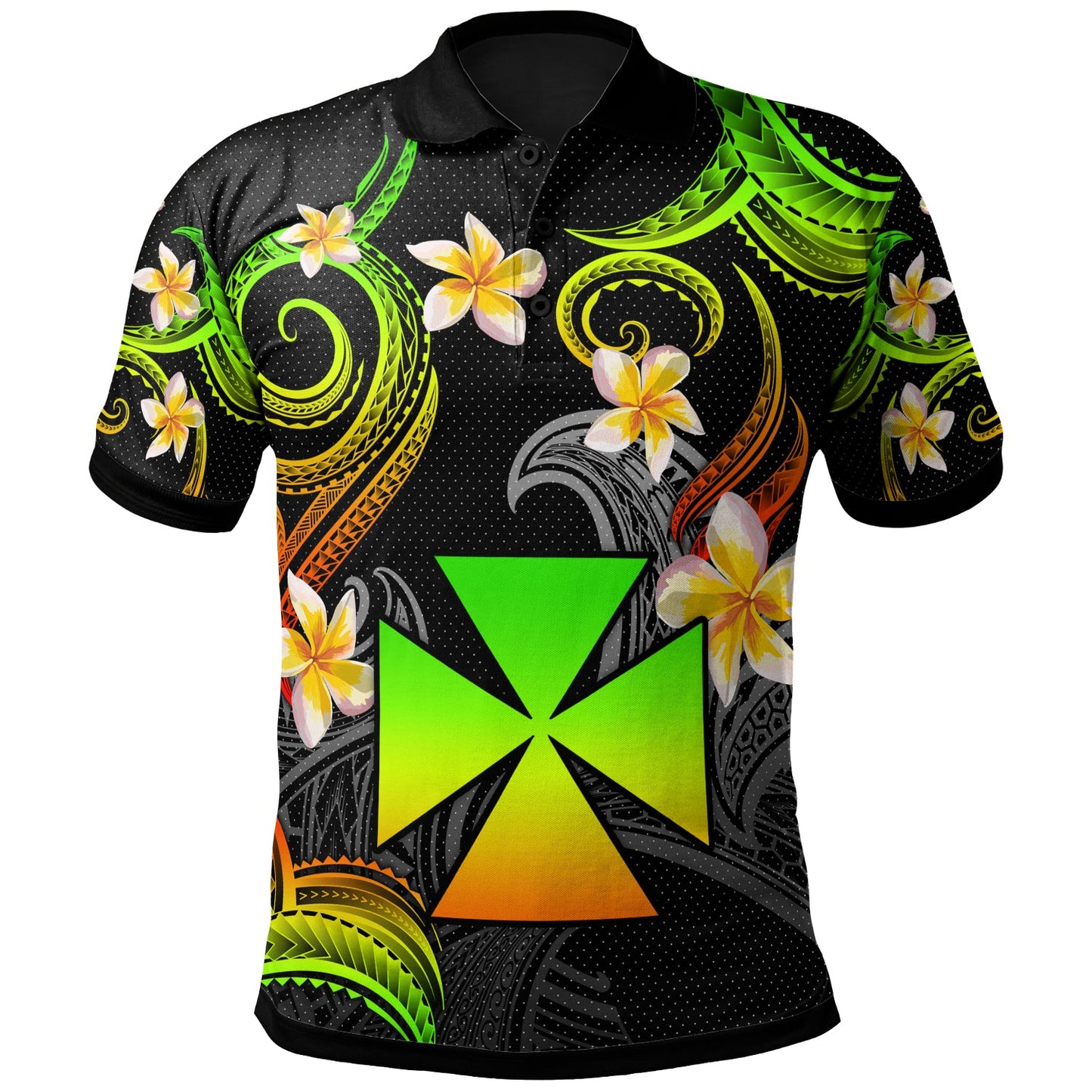 Wallis and Futuna Polo Shirt - Custom Personalised Polynesian Waves with Plumeria Flowers (Reggae)