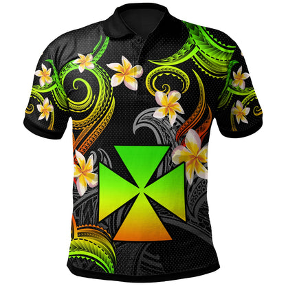 Wallis and Futuna Polo Shirt - Custom Personalised Polynesian Waves with Plumeria Flowers (Reggae)