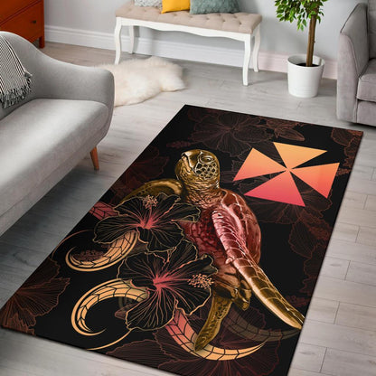 Wallis And Futuna Polynesian Area Rugs - Turtle With Blooming Hibiscus Gold