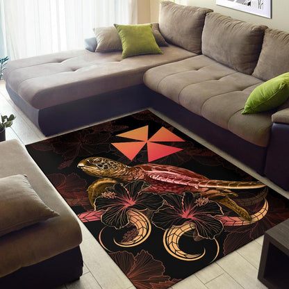 Wallis And Futuna Polynesian Area Rugs - Turtle With Blooming Hibiscus Gold