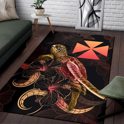 Wallis And Futuna Polynesian Area Rugs - Turtle With Blooming Hibiscus Gold