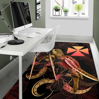 Wallis And Futuna Polynesian Area Rugs - Turtle With Blooming Hibiscus Gold