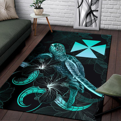 Wallis and Futuna Polynesian Area Rugs - Turtle With Blooming Hibiscus Turquoise