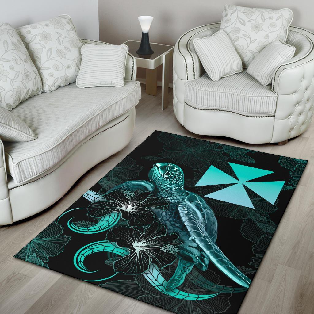 Wallis and Futuna Polynesian Area Rugs - Turtle With Blooming Hibiscus Turquoise