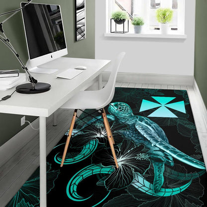 Wallis and Futuna Polynesian Area Rugs - Turtle With Blooming Hibiscus Turquoise