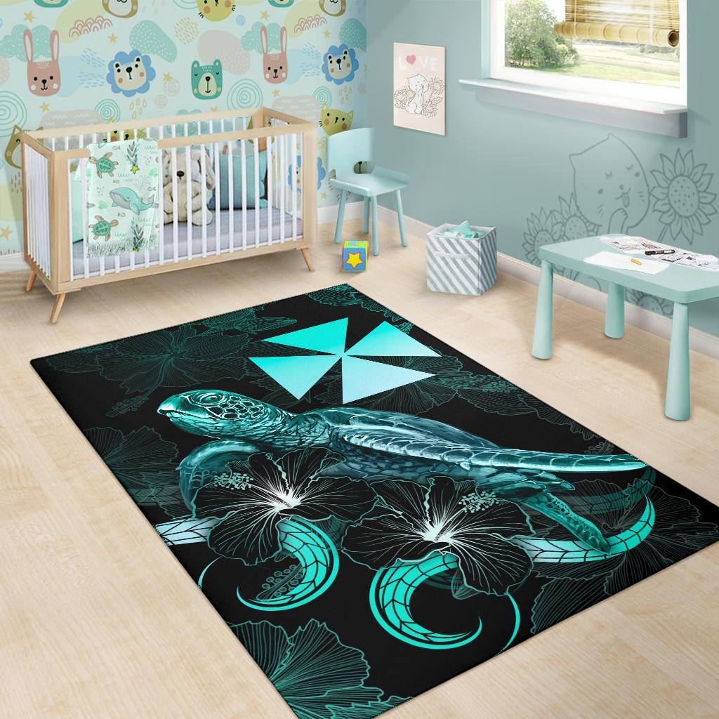 Wallis and Futuna Polynesian Area Rugs - Turtle With Blooming Hibiscus Turquoise