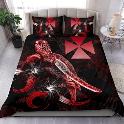 Wallis And Futuna Polynesian Bedding Set - Turtle With Blooming Hibiscus Red