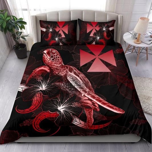 Wallis And Futuna Polynesian Bedding Set - Turtle With Blooming Hibiscus Red