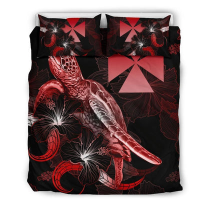 Wallis And Futuna Polynesian Bedding Set - Turtle With Blooming Hibiscus Red