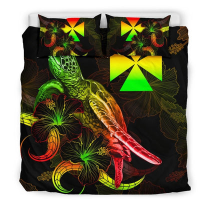 Wallis And Futuna Polynesian Bedding Set - Turtle With Blooming Hibiscus Reggae