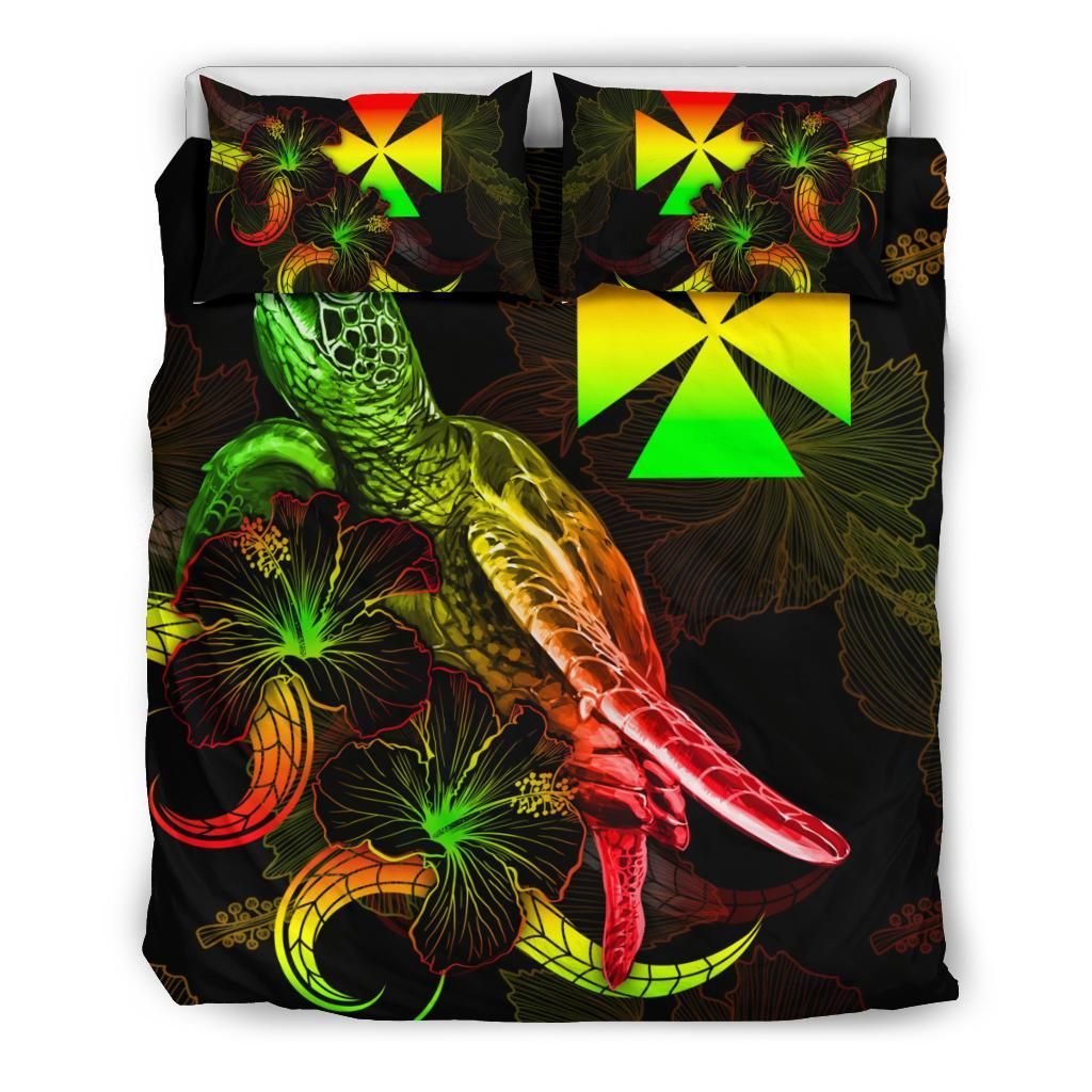 Wallis And Futuna Polynesian Bedding Set - Turtle With Blooming Hibiscus Reggae