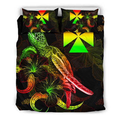 Wallis And Futuna Polynesian Bedding Set - Turtle With Blooming Hibiscus Reggae