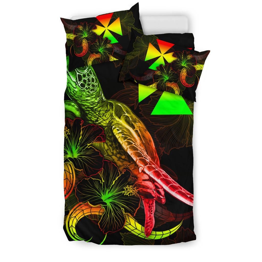 Wallis And Futuna Polynesian Bedding Set - Turtle With Blooming Hibiscus Reggae