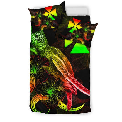 Wallis And Futuna Polynesian Bedding Set - Turtle With Blooming Hibiscus Reggae