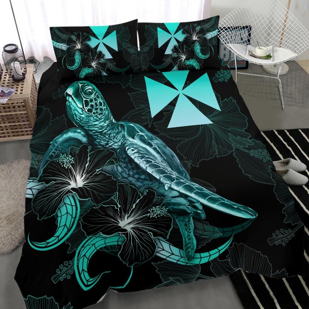Wallis And Futuna Polynesian Bedding Set - Turtle With Blooming Hibiscus Turquoise