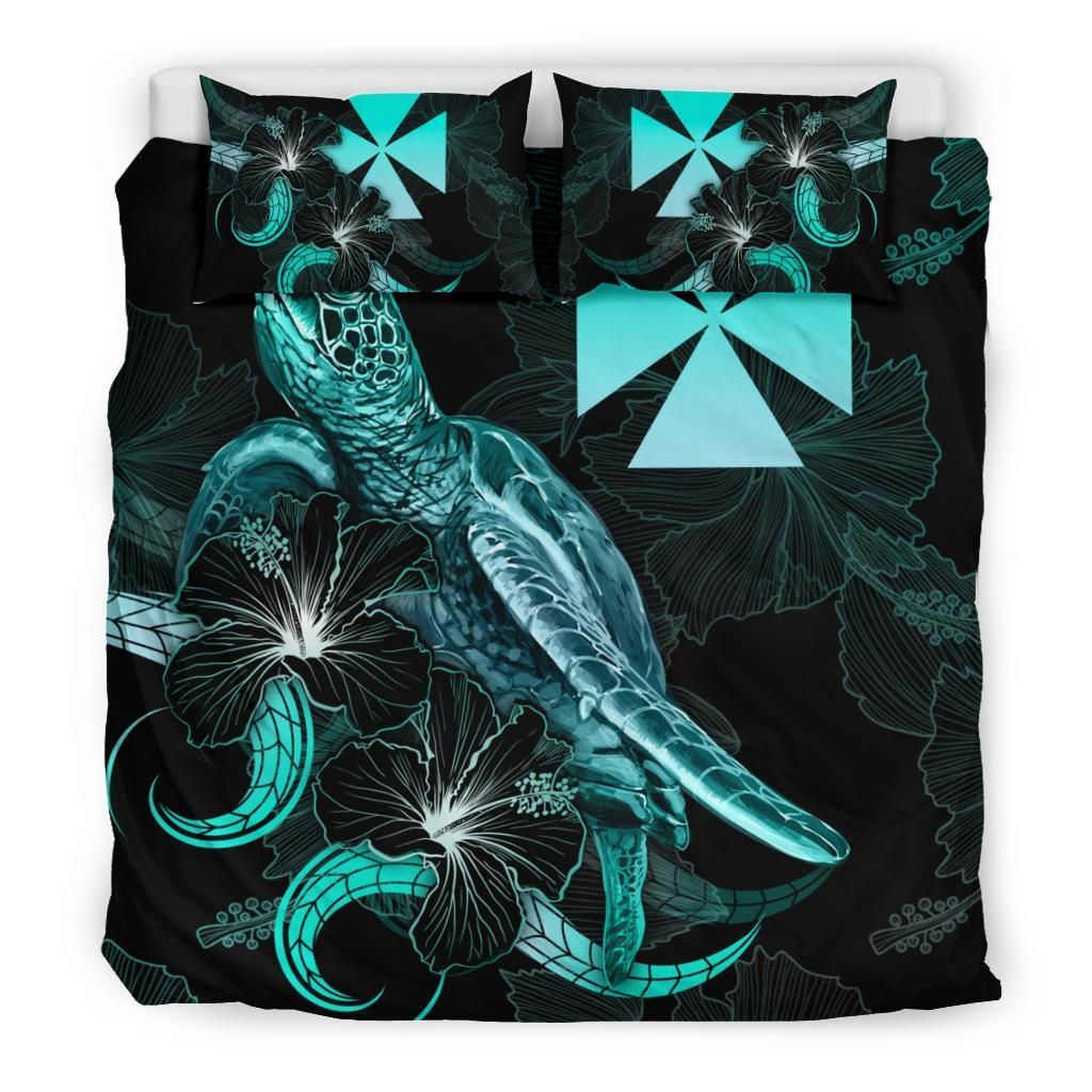 Wallis And Futuna Polynesian Bedding Set - Turtle With Blooming Hibiscus Turquoise