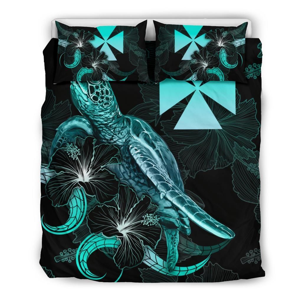 Wallis And Futuna Polynesian Bedding Set - Turtle With Blooming Hibiscus Turquoise