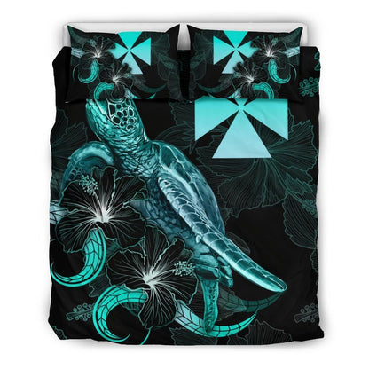 Wallis And Futuna Polynesian Bedding Set - Turtle With Blooming Hibiscus Turquoise