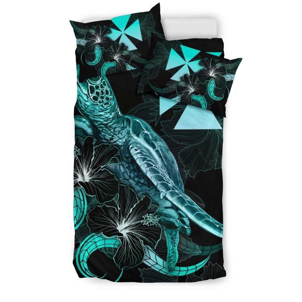 Wallis And Futuna Polynesian Bedding Set - Turtle With Blooming Hibiscus Turquoise