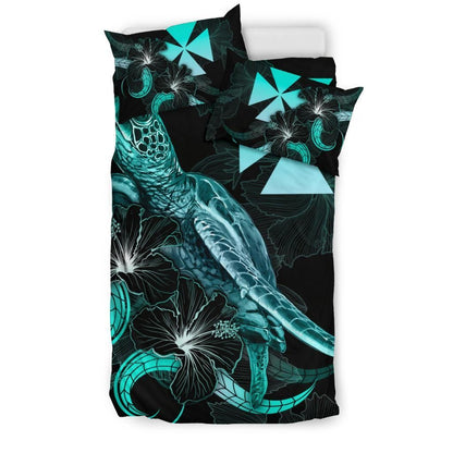 Wallis And Futuna Polynesian Bedding Set - Turtle With Blooming Hibiscus Turquoise