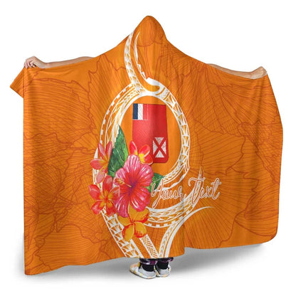 Wallis And Futuna Polynesian Custom Personalised Hooded Blanket - Orange Floral With Seal