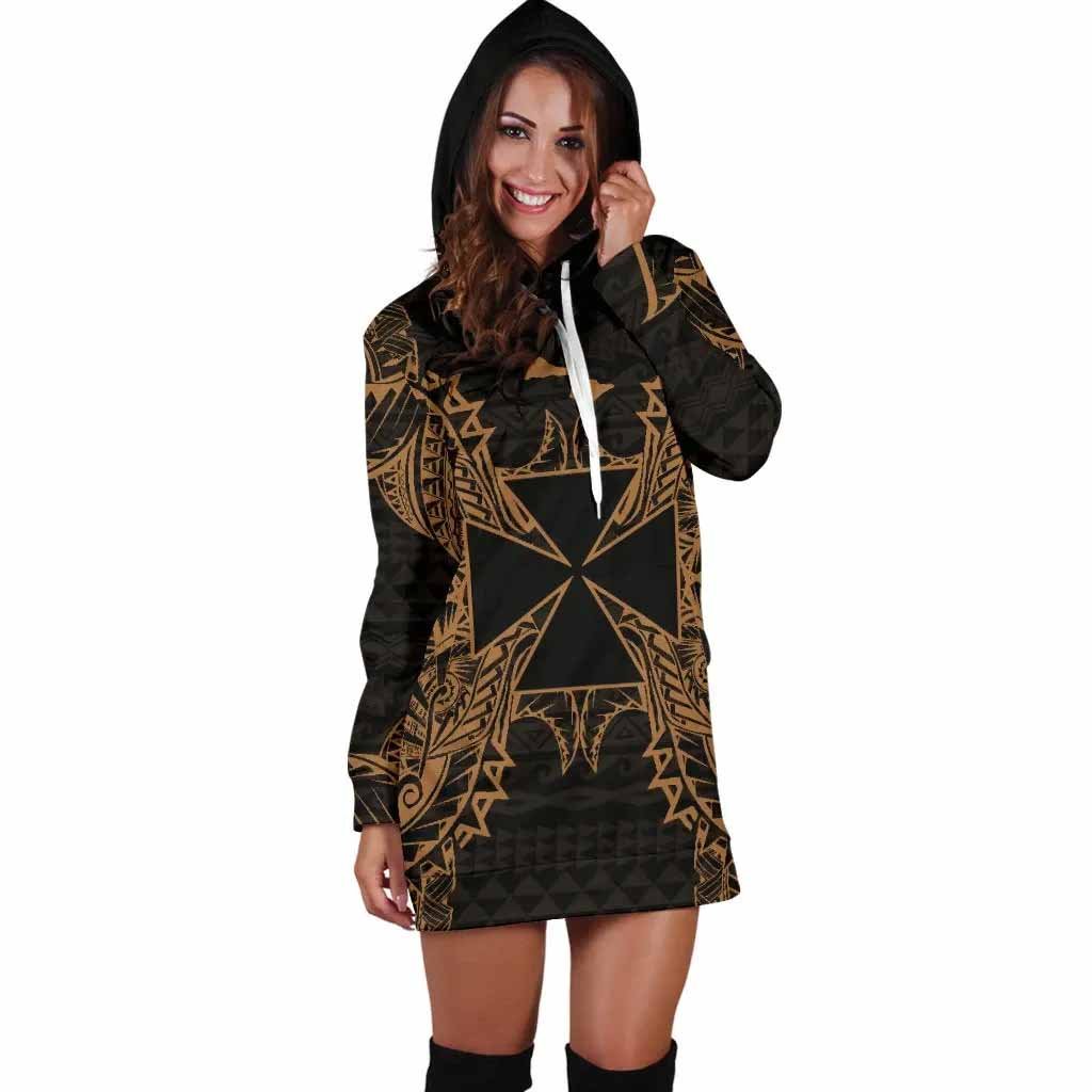 Wallis And Futuna Polynesian Hoodie Dress Map Gold