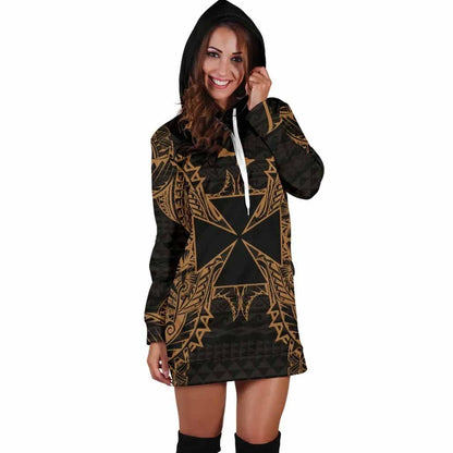 Wallis And Futuna Polynesian Hoodie Dress Map Gold