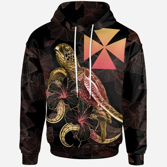 Wallis And Futuna Polynesian Hoodie - Turtle With Blooming Hibiscus Gold