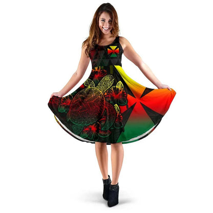 Wallis And Futuna Polynesian Midi Dress - Turtle Hibiscus Reggae