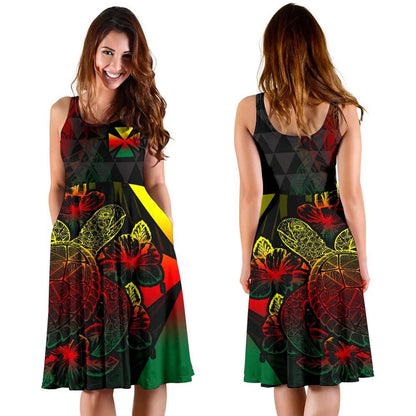 Wallis And Futuna Polynesian Midi Dress - Turtle Hibiscus Reggae