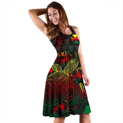 Wallis And Futuna Polynesian Midi Dress - Turtle Hibiscus Reggae