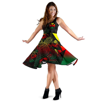 Wallis And Futuna Polynesian Midi Dress - Turtle Hibiscus Reggae