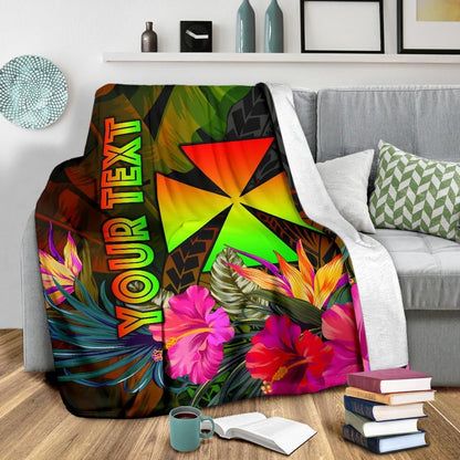 Wallis and Futuna Polynesian Personalised Premium Blanket - Hibiscus and Banana Leaves