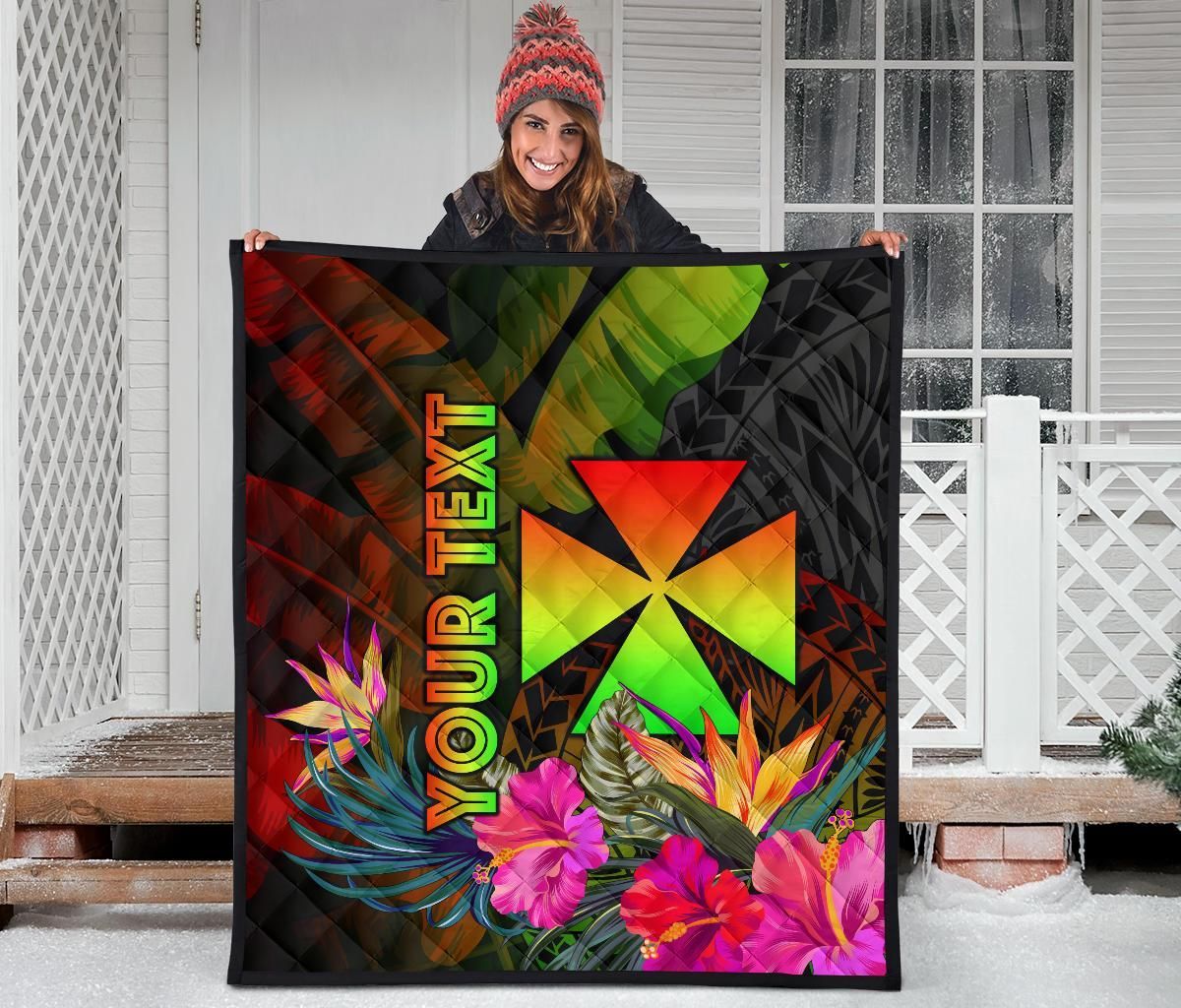 Wallis and Futuna Polynesian Personalised Premium Quilt - Hibiscus and Banana Leaves