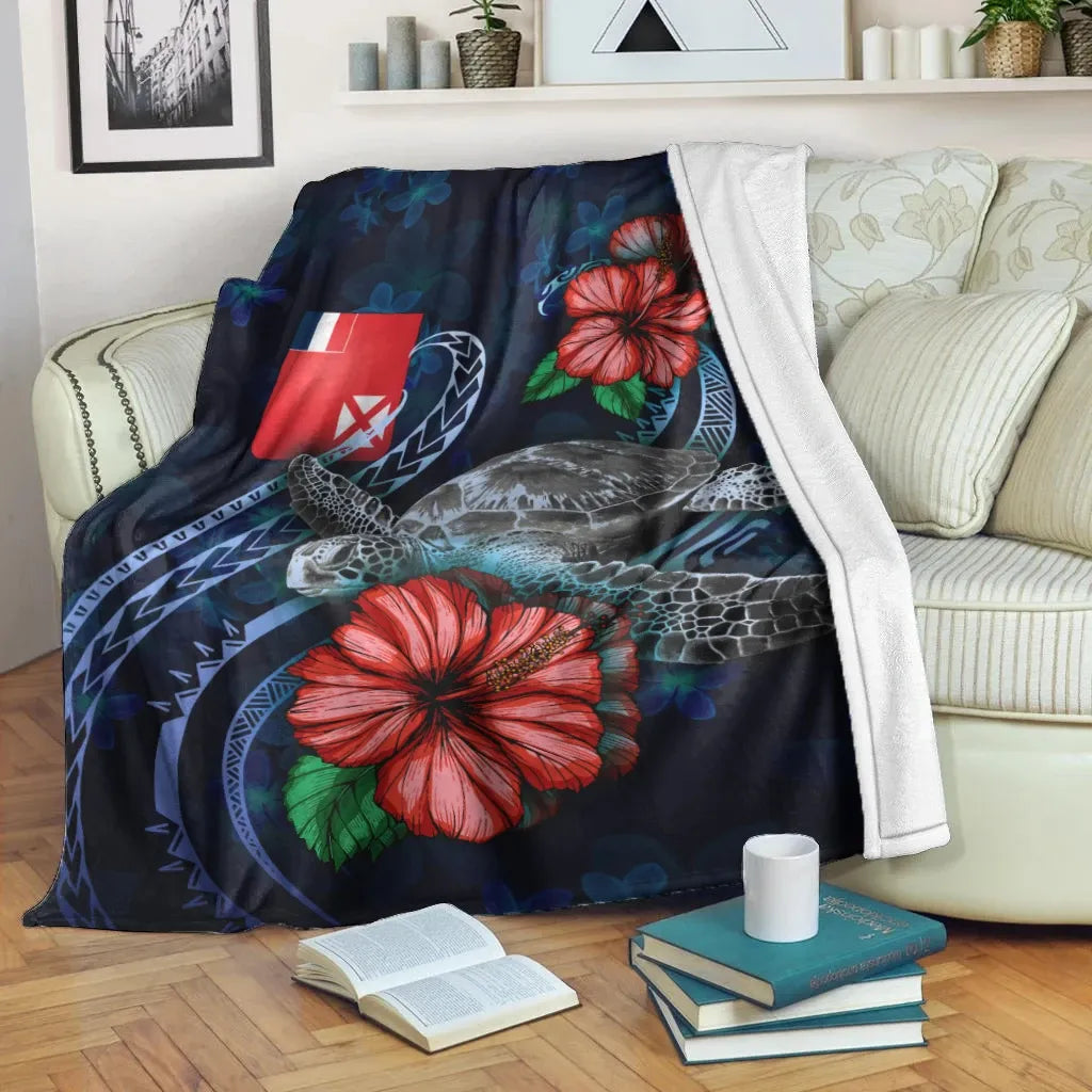 Wallis and Futuna Polynesian Premium Blanket - Blue Turtle Hibiscus