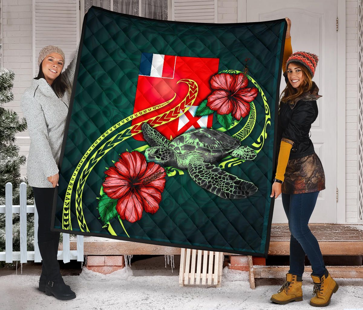 Wallis and Futuna Polynesian Premium Quilt - Green Turtle Hibiscus