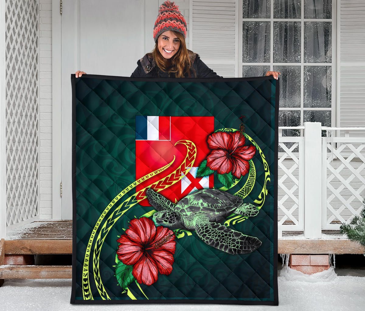 Wallis and Futuna Polynesian Premium Quilt - Green Turtle Hibiscus
