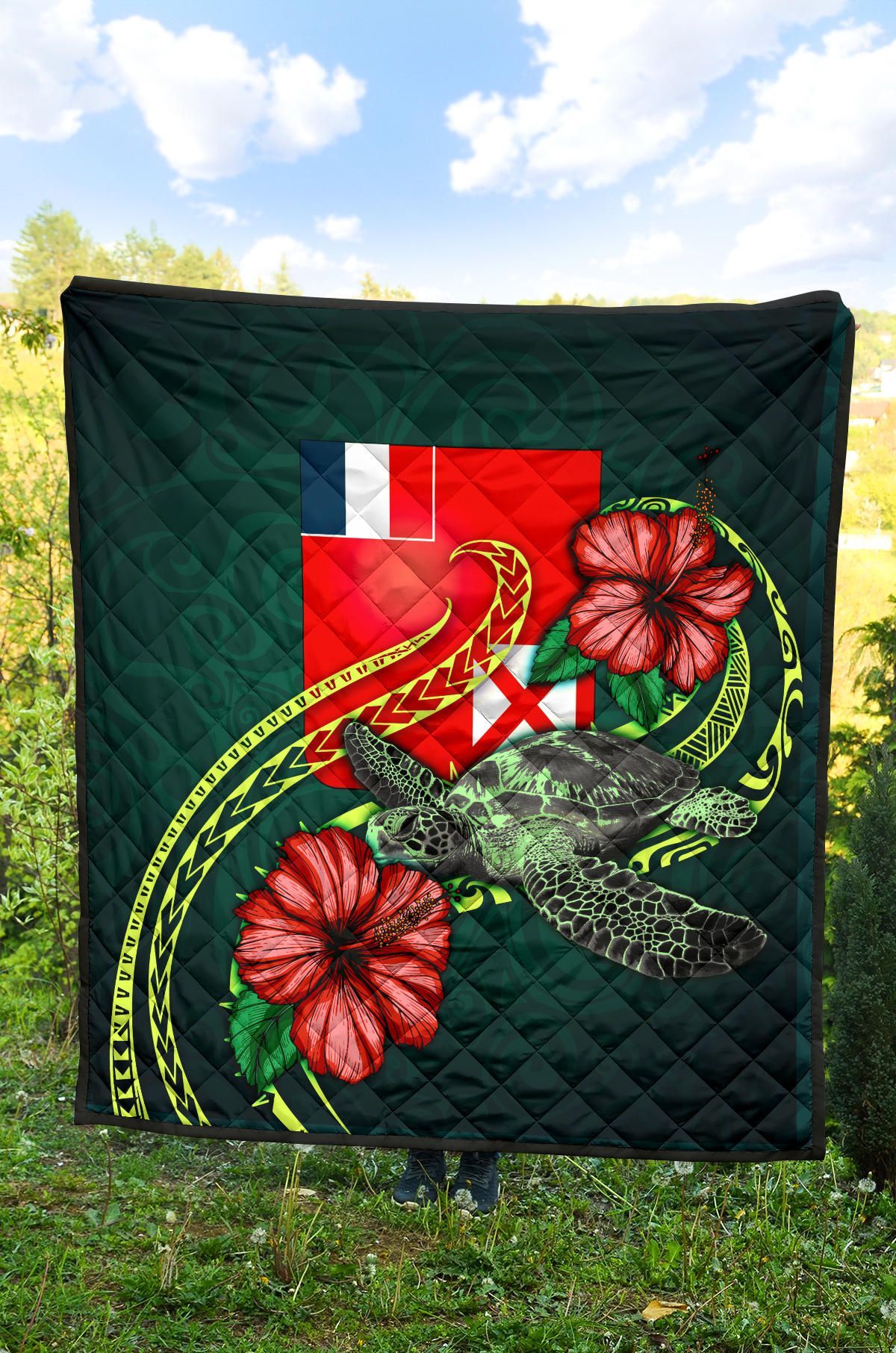 Wallis and Futuna Polynesian Premium Quilt - Green Turtle Hibiscus