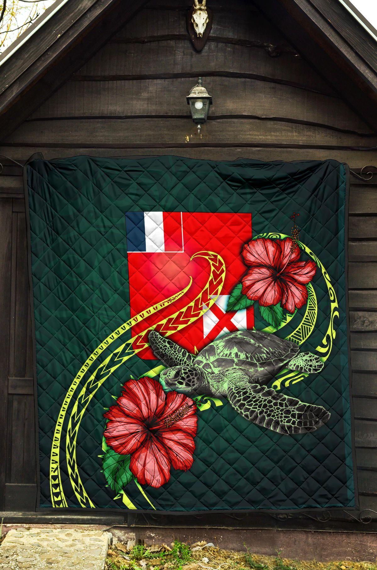 Wallis and Futuna Polynesian Premium Quilt - Green Turtle Hibiscus