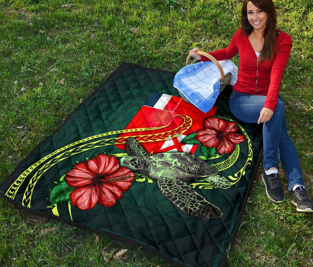 Wallis and Futuna Polynesian Premium Quilt - Green Turtle Hibiscus