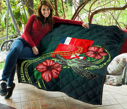 Wallis and Futuna Polynesian Premium Quilt - Green Turtle Hibiscus