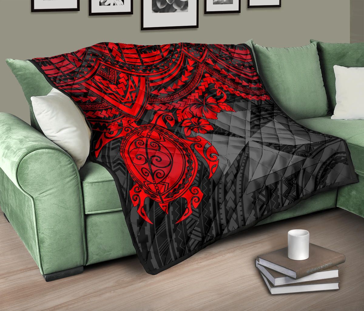 Wallis and Futuna Polynesian Premium Quilt - Wallis and Futuna Coat Of Arms & Red Turtle Hibiscus