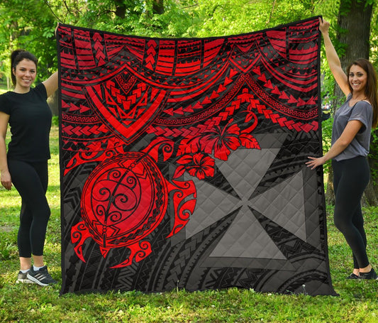 Wallis and Futuna Polynesian Premium Quilt - Wallis and Futuna Coat Of Arms & Red Turtle Hibiscus
