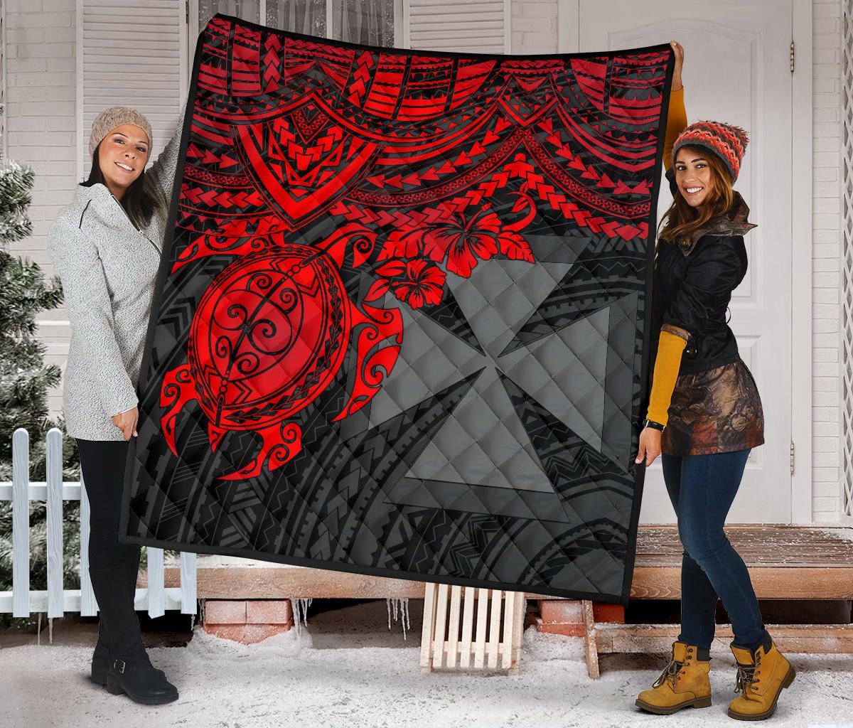 Wallis and Futuna Polynesian Premium Quilt - Wallis and Futuna Coat Of Arms & Red Turtle Hibiscus
