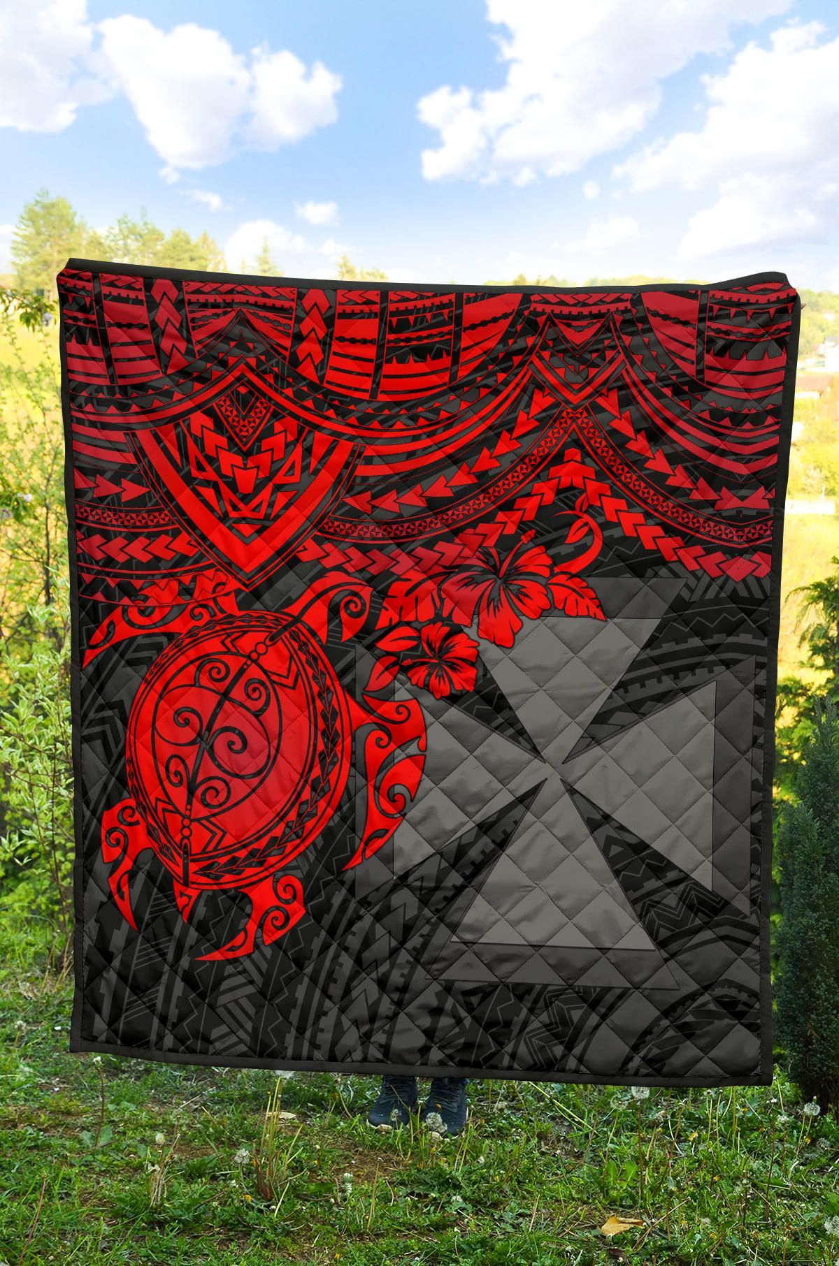 Wallis and Futuna Polynesian Premium Quilt - Wallis and Futuna Coat Of Arms & Red Turtle Hibiscus
