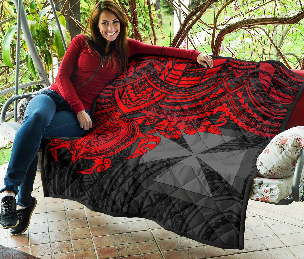 Wallis and Futuna Polynesian Premium Quilt - Wallis and Futuna Coat Of Arms & Red Turtle Hibiscus