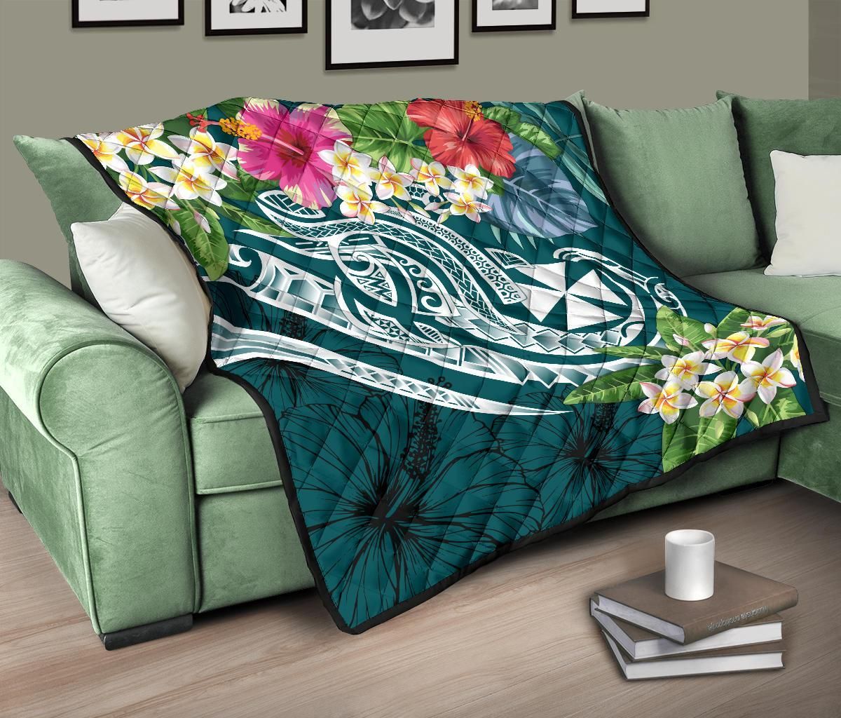 Wallis and Futuna Polynesian Premium Quilt - Summer Plumeria (Turquoise)